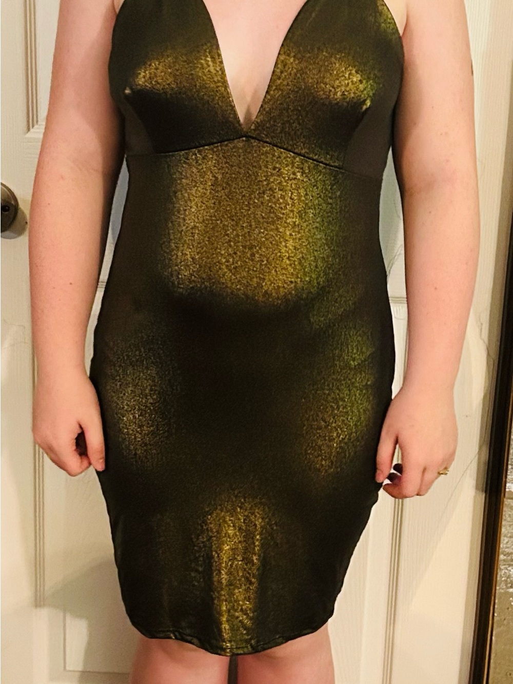 Shimmery Olive Green Bodycon V-Neck Dress